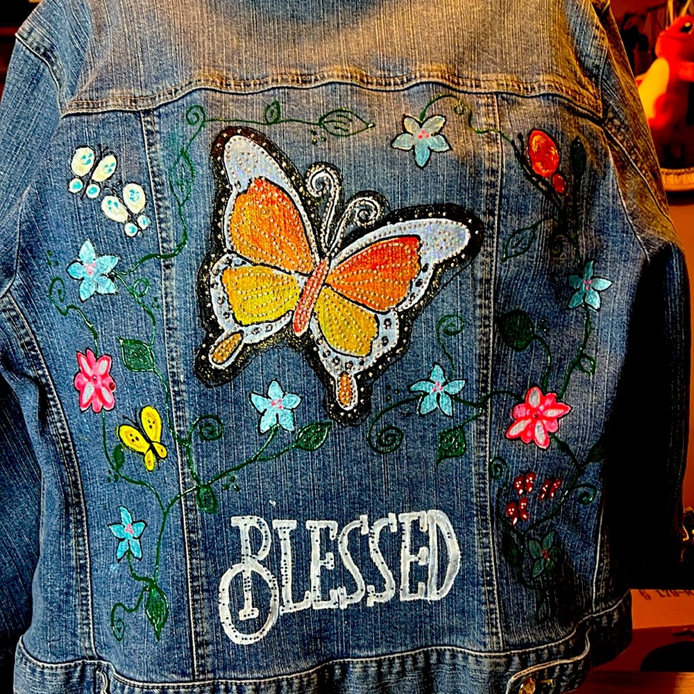 Hand Painted rhinestone Jean Jacket. One of a kind!